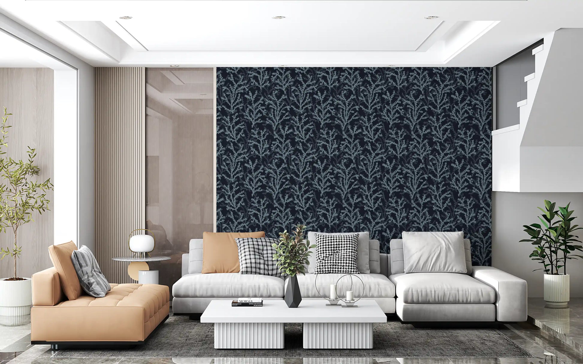 Gentile oceanic visuals complete the Dark wallpaper inside this peaceful Living room.