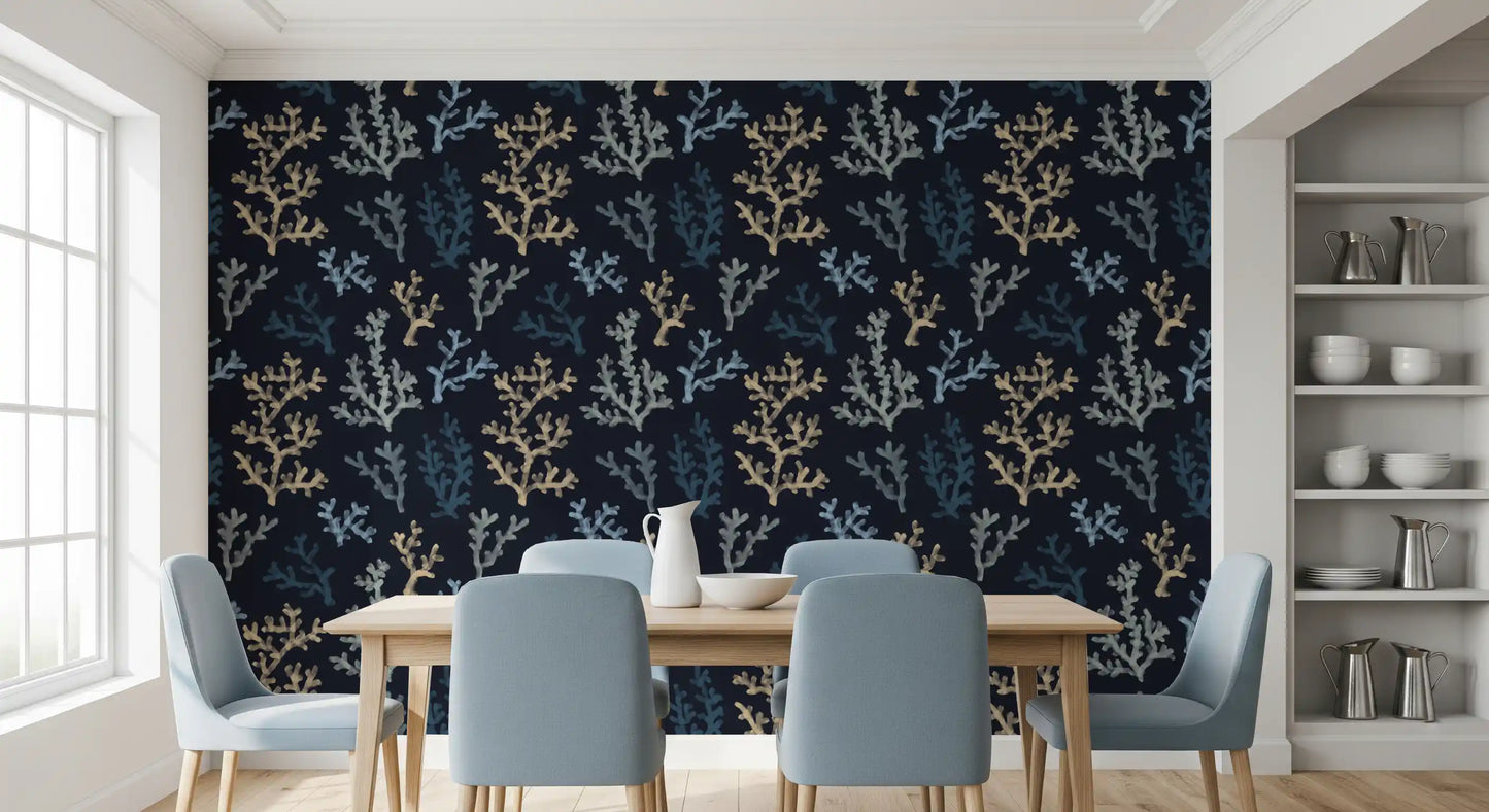 A bright Dining room space contrasts perfectly against the moody Corals wallpaper .