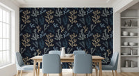 A bright Dining room space contrasts perfectly against the moody Corals wallpaper .
