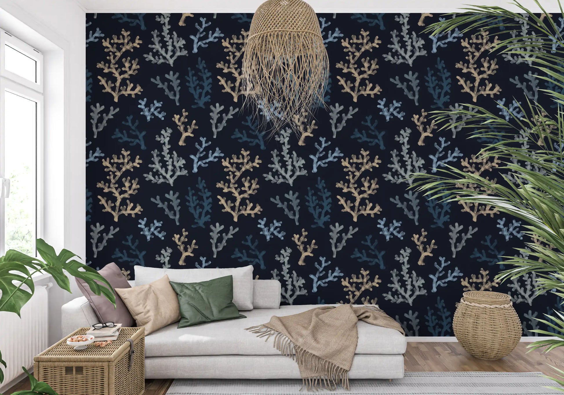 Underwater flora repeats throughout the Painted Corals Dark Wallpaper.