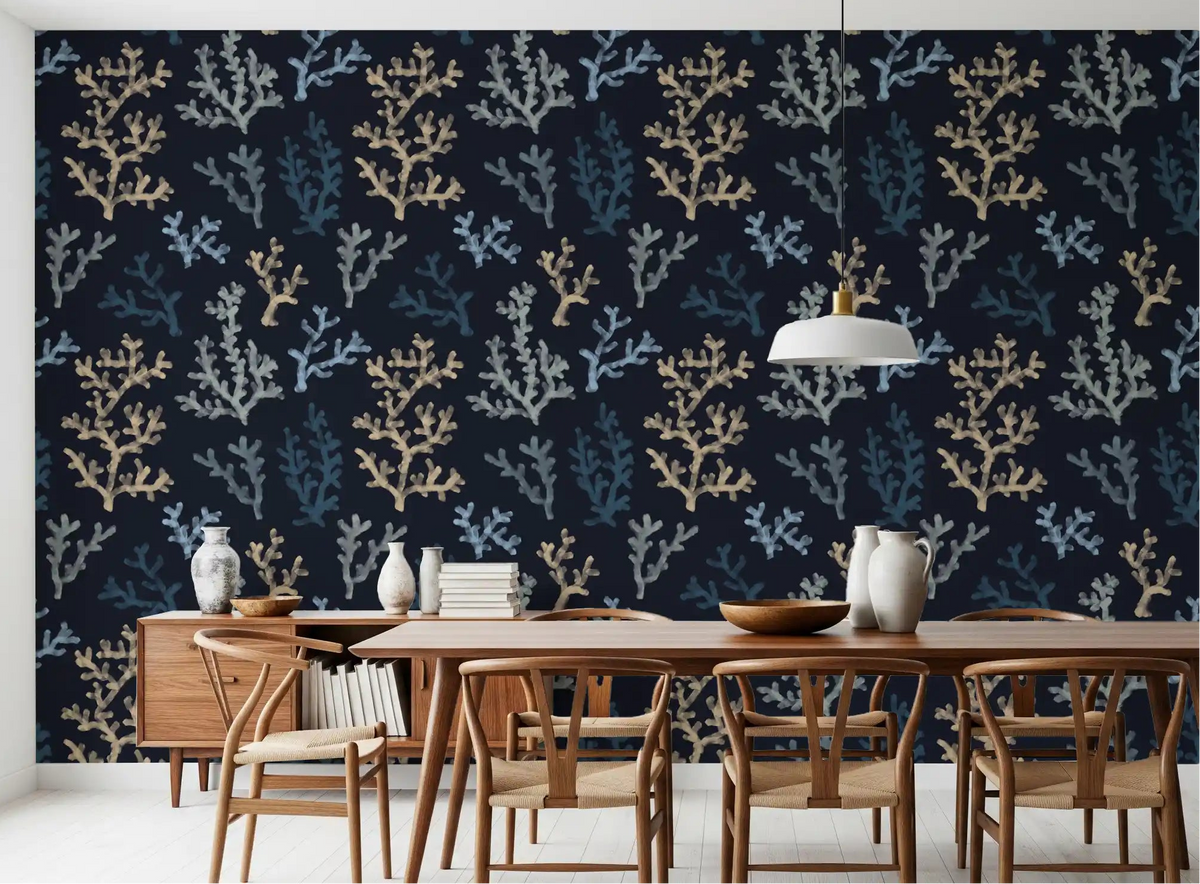 Deep navy botanical suit this dining room showing the Painted Corals Dark Wallpaper.