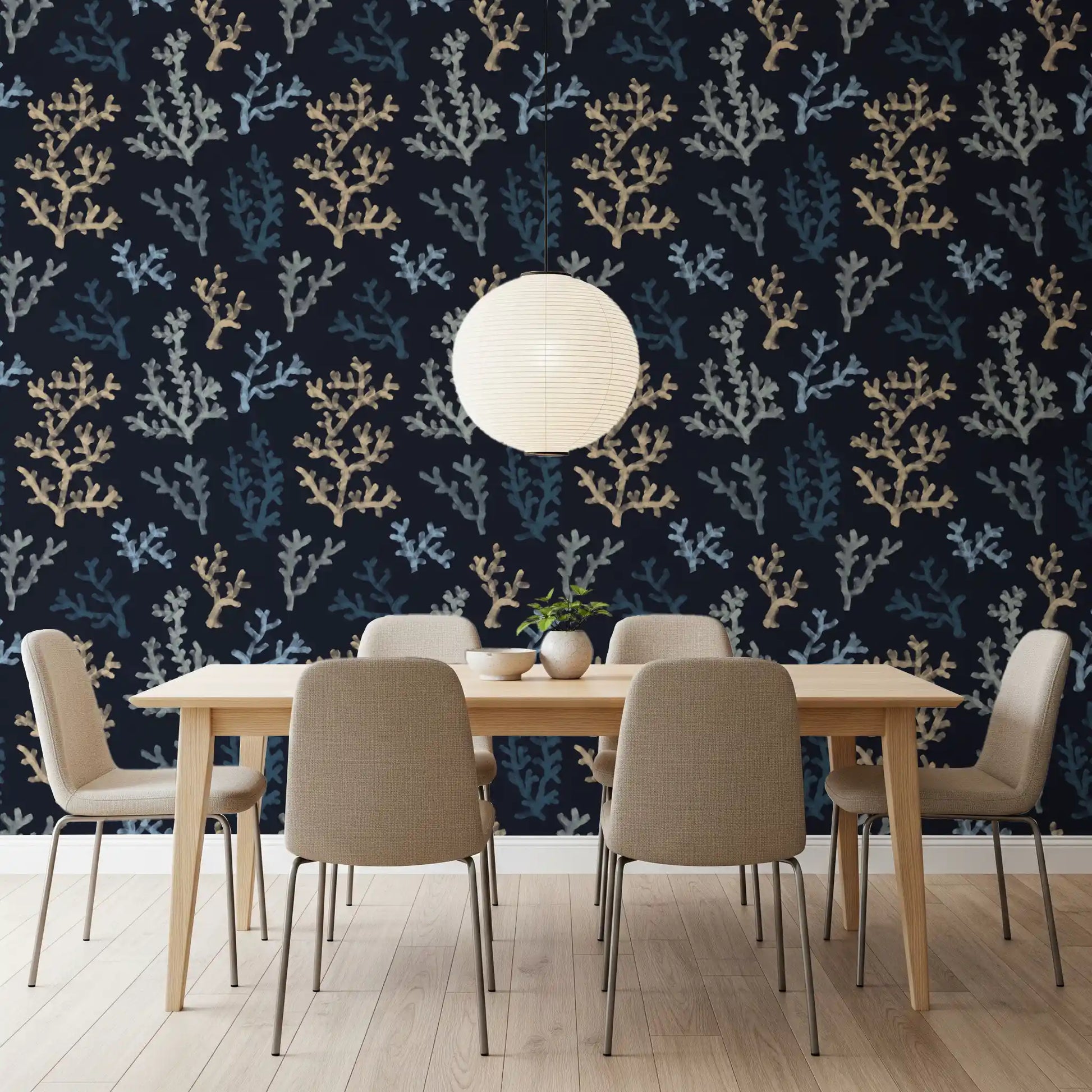 Guests relax inside a Dining room the unique Painted Corals Dark Wallpaper.