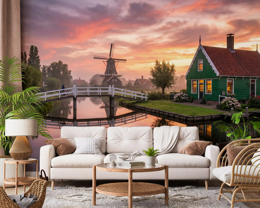 Warm sunset lighting fills the living room the Canal Glow at Dawn Wall Mural