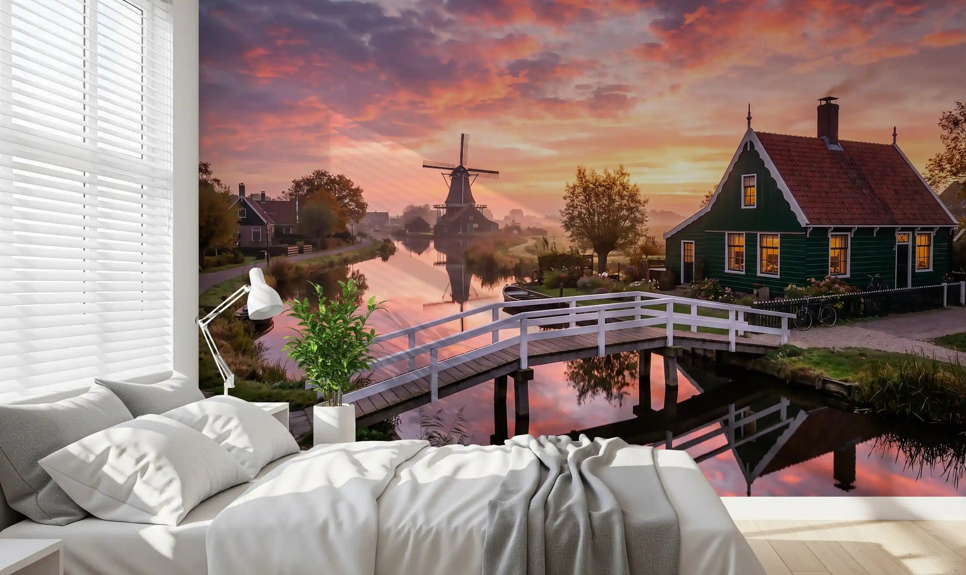A Dutch Dawn Serenity Wall Mural creates a peaceful view inside a bedroom.