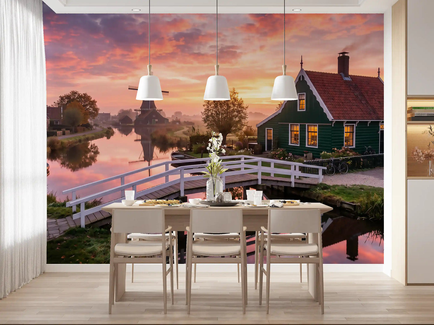 The Dutch Dawn Serenity Wall Mural covers an area inside a Dining room.