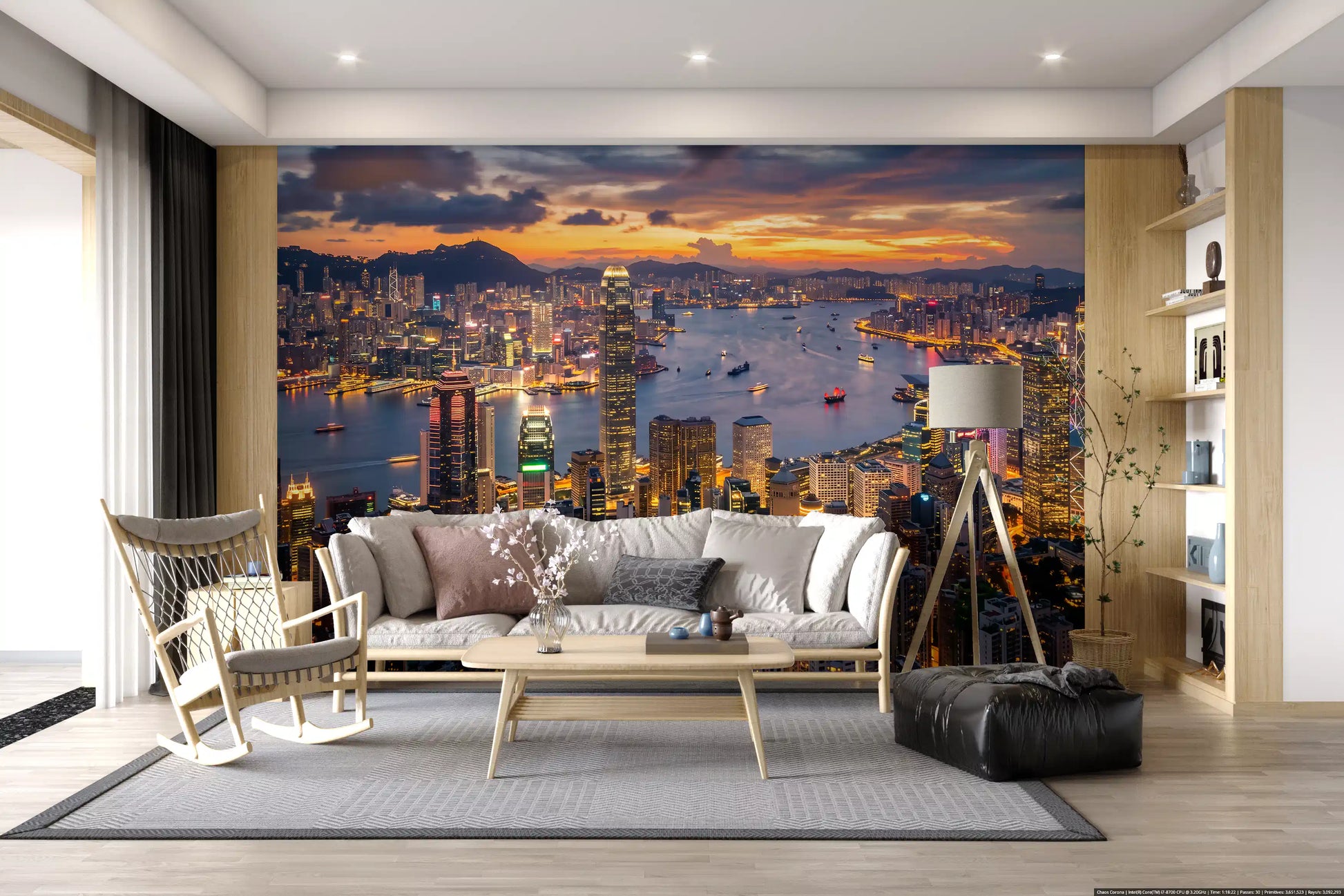 Living room interiors feature the glowing Hong Kong Twilight Skyline Wall Mural panorama.