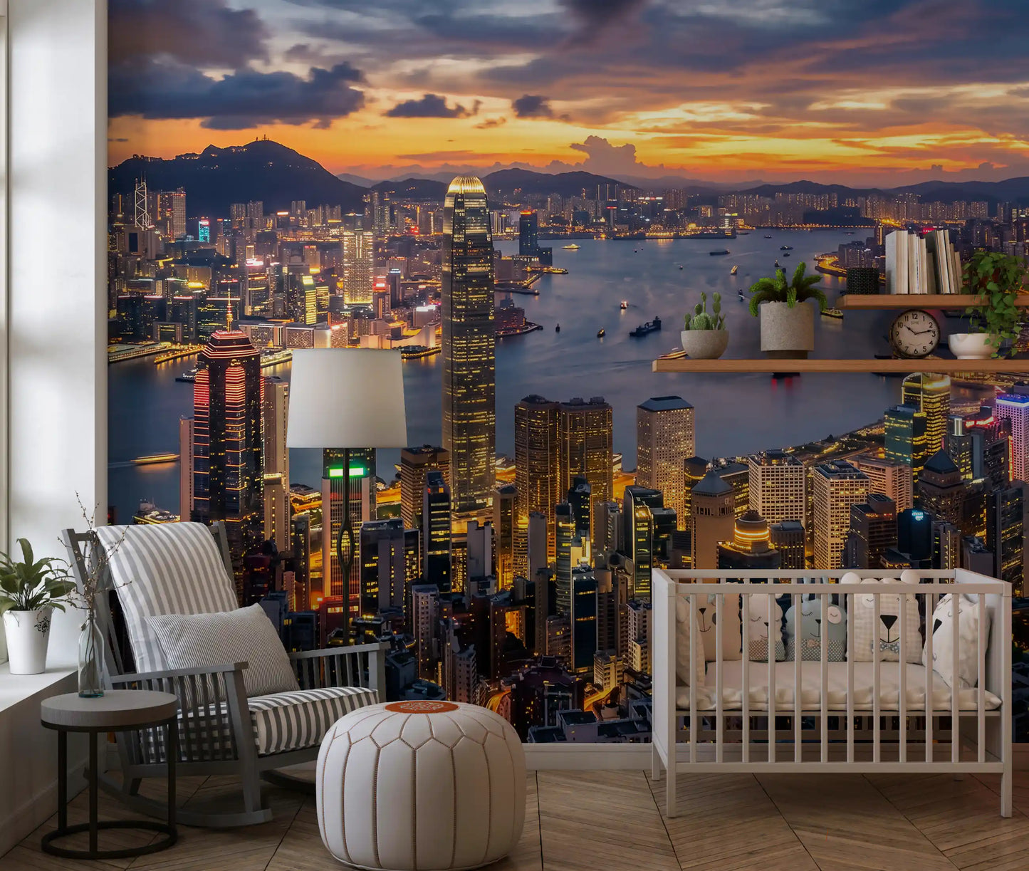 The radiant Hong Kong wall mural urban harbour scenes into a nursery.