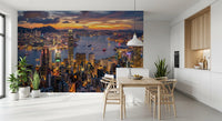 High-rise towers glow brightly against the sunset in the Skyline wall mural.