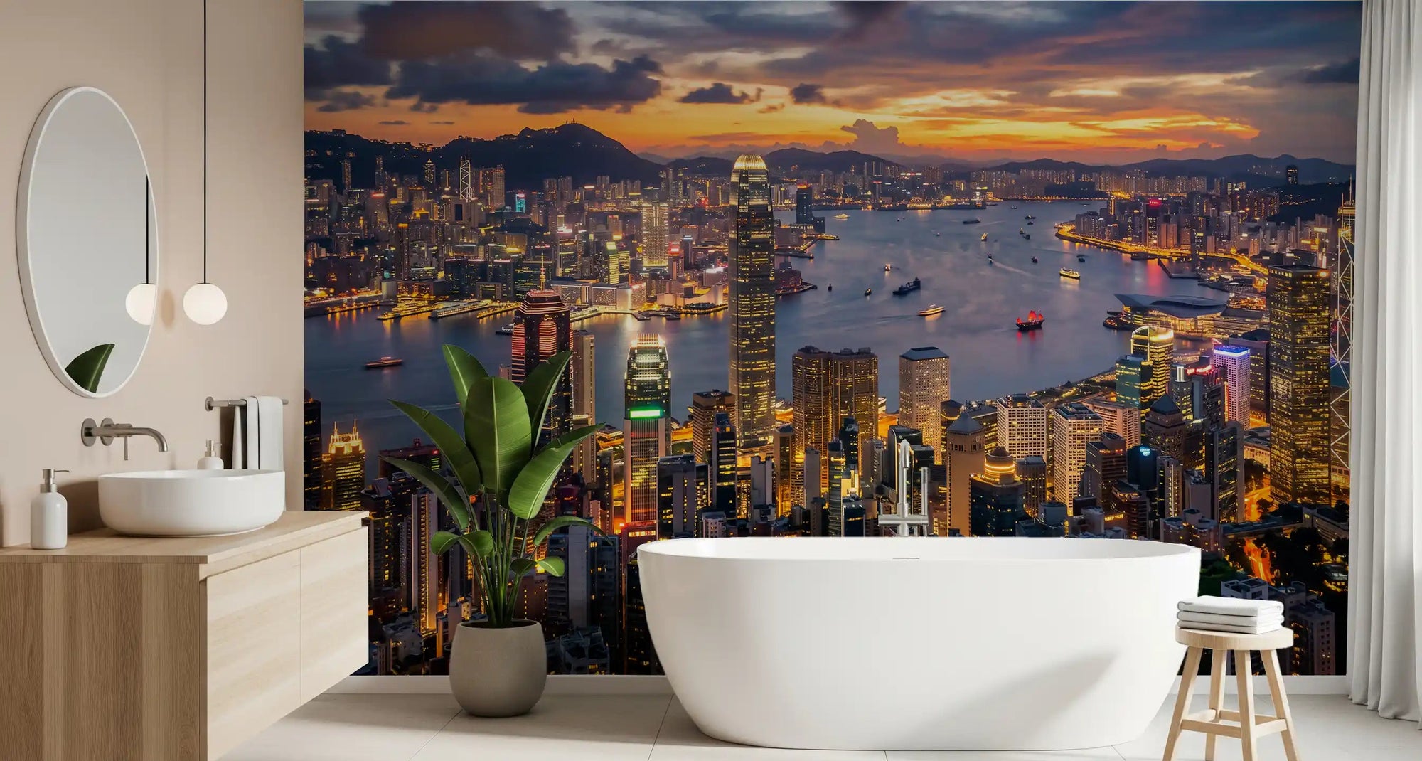 Minimalist bathroom fixtures sit beneath the vibrant Hong Kong Twilight Skyline Wall Mural.
