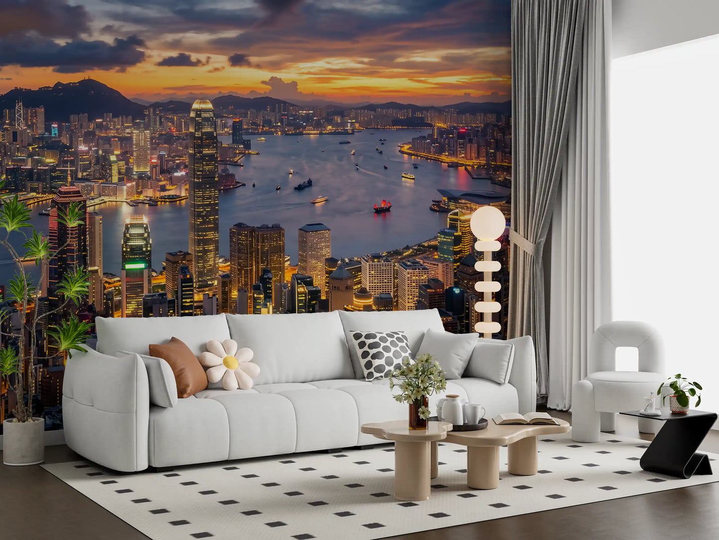 A vibrant sunset cityscape forms the Skyline wall mural behind a Living room