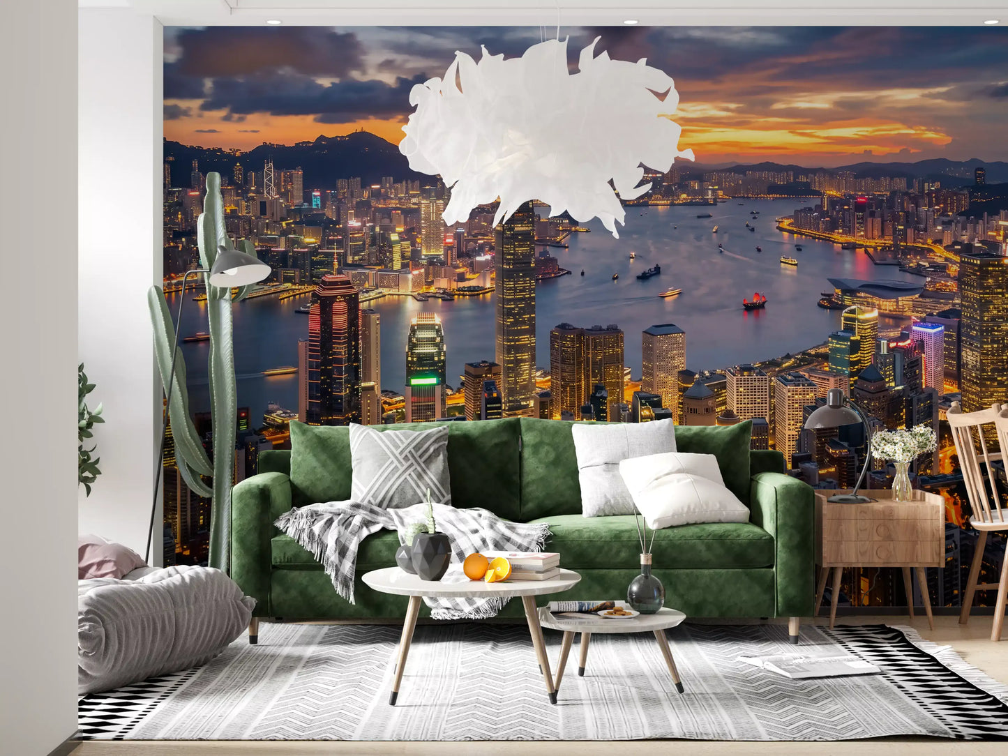 Dark mountain border the bright urban centre of the Hong Kong wall mural.