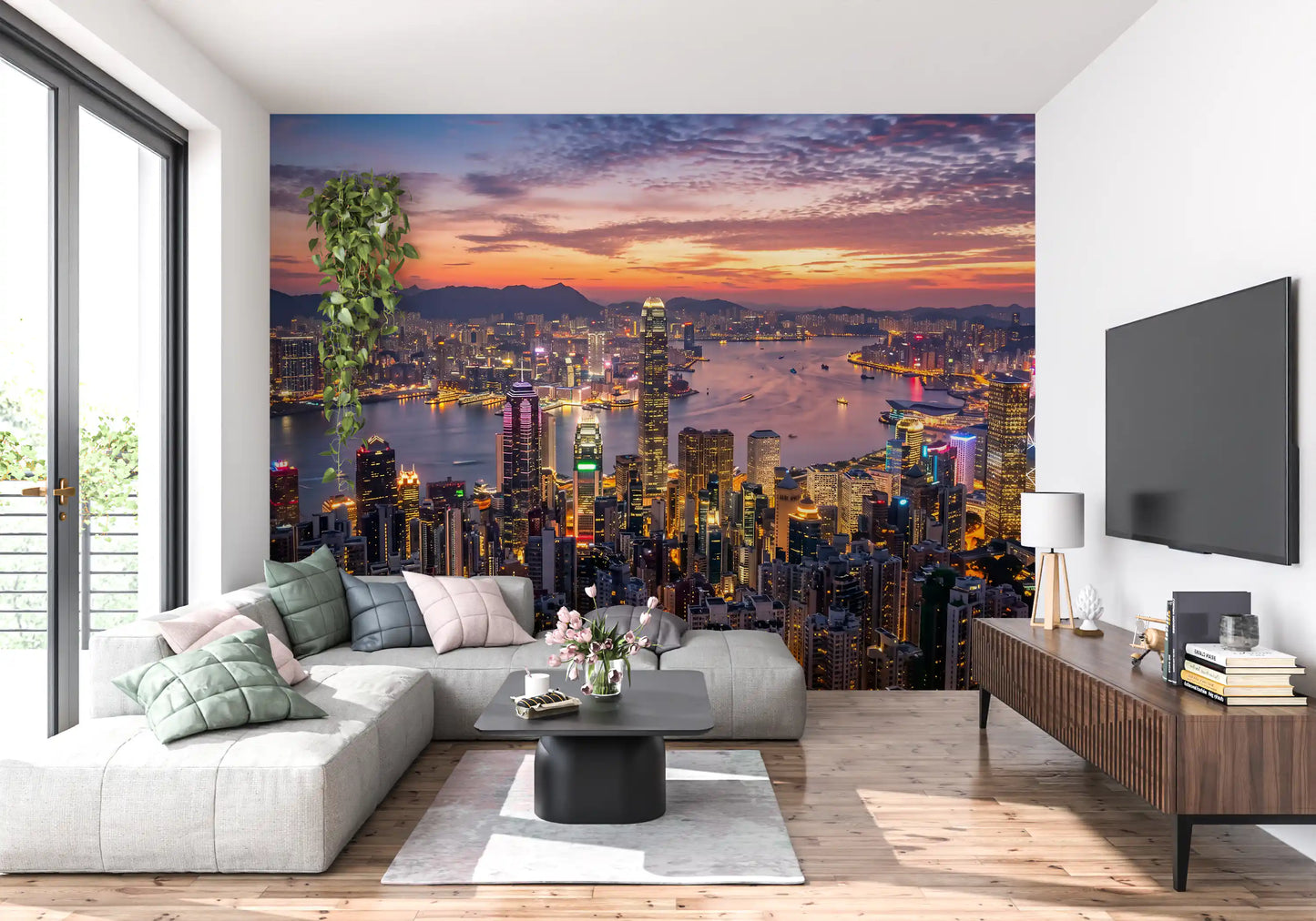 The Victoria Harbour Twilight wall mural showcases an immense coastal city overview.