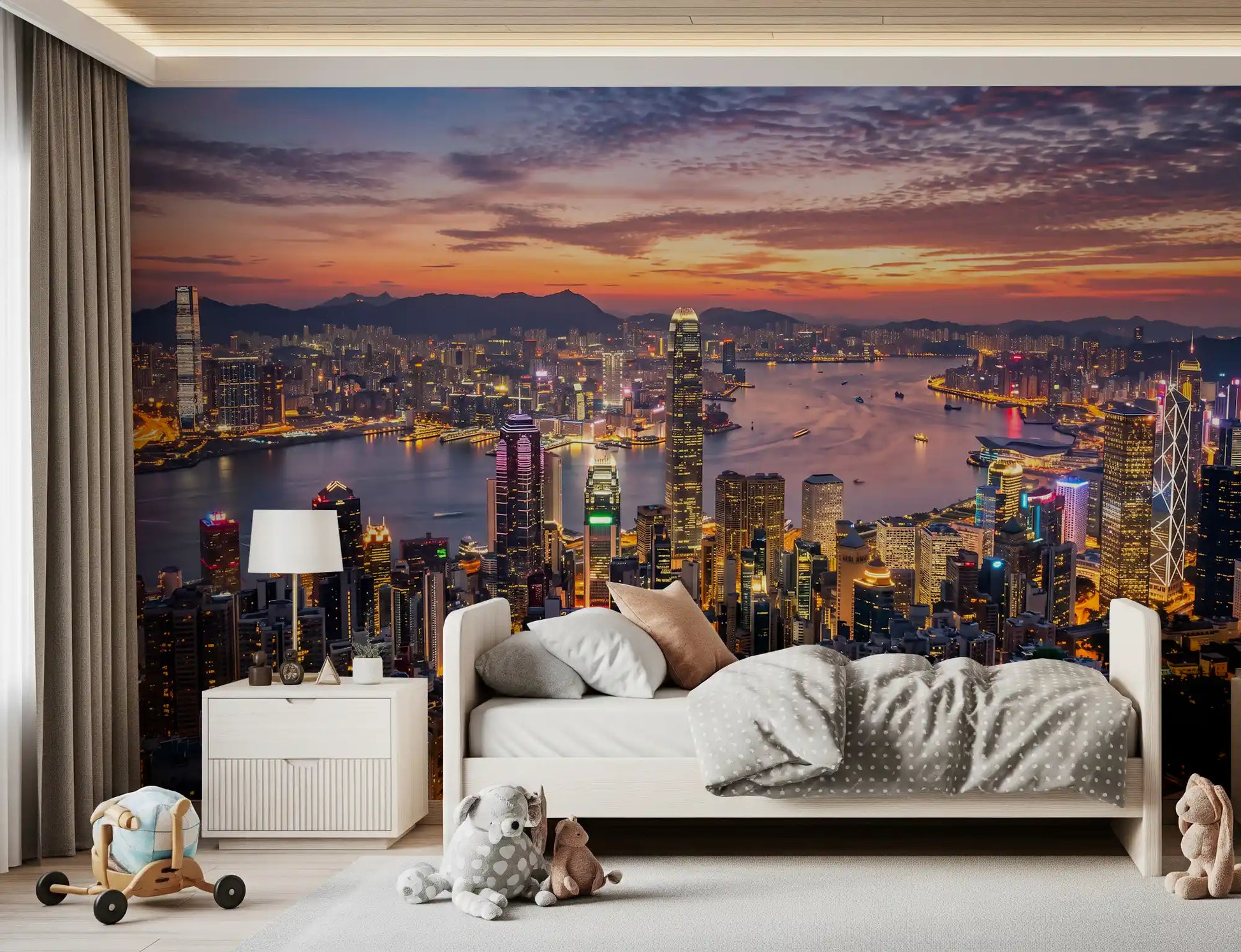 Dark purple clouds gather above the bustling Harbour wall mural metropolis.