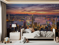 Dark purple clouds gather above the bustling Harbour wall mural metropolis.
