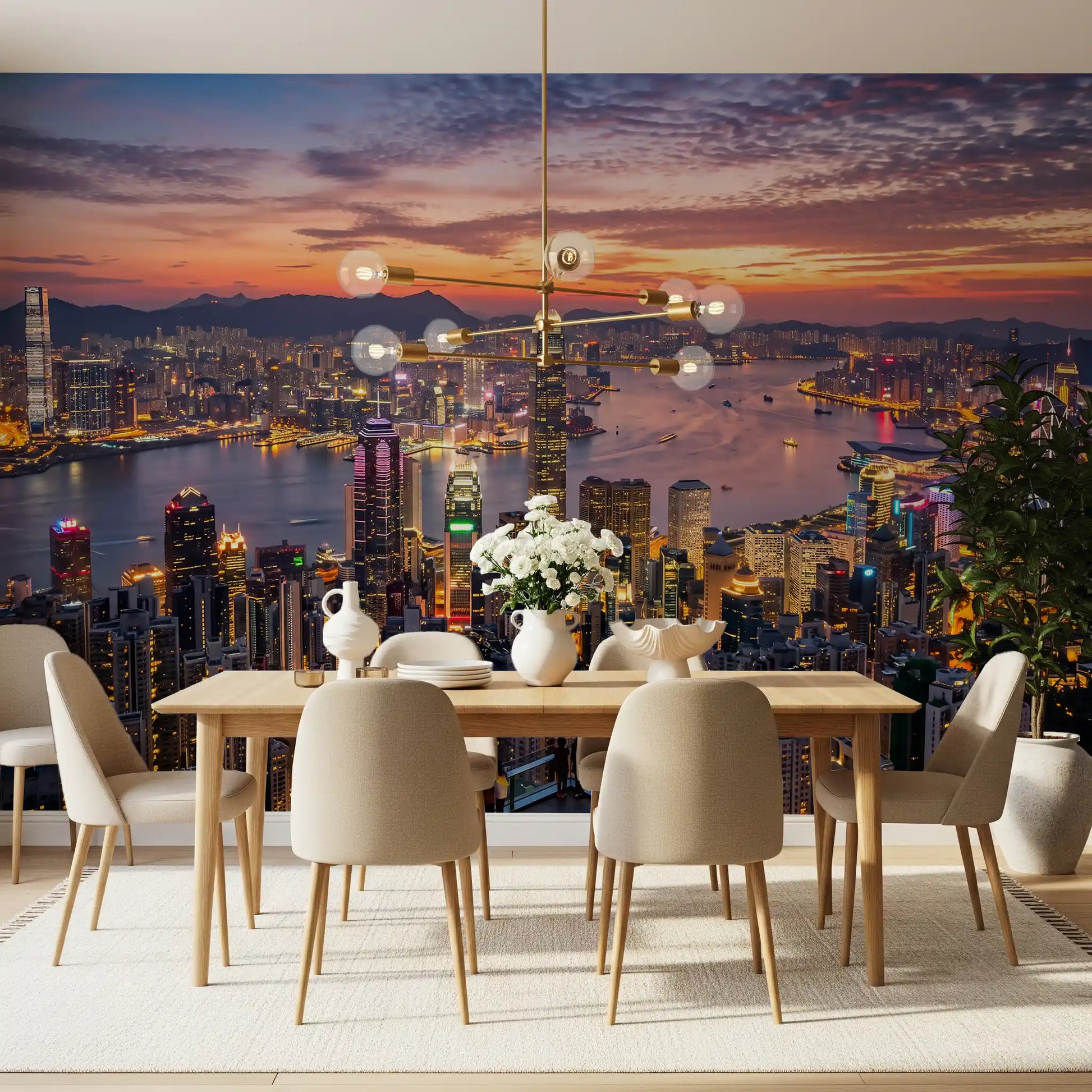 The Dining area layout integrates the Victoria Harbour Twilight wall mural seamlessly.