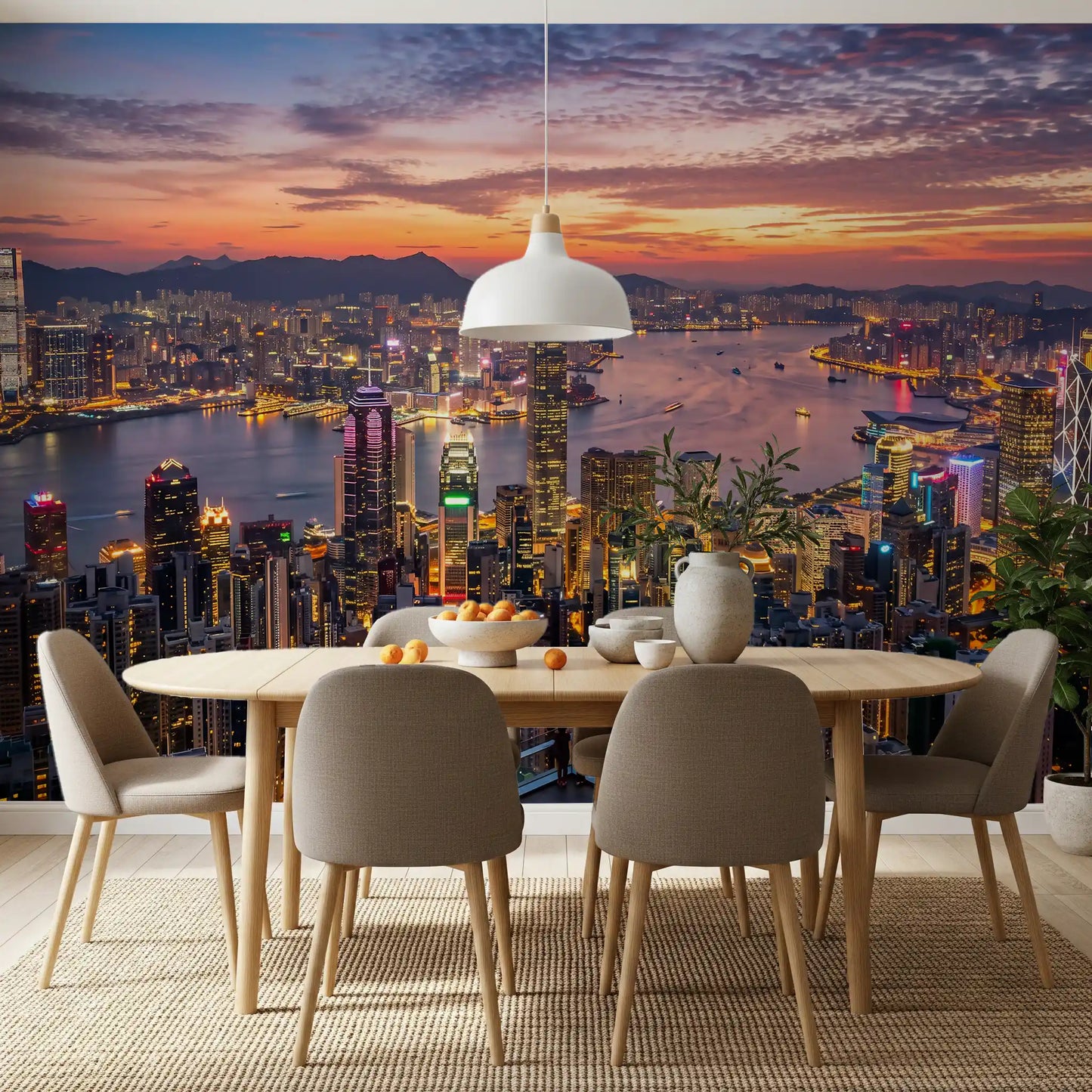 A spacious dining room features an illuminated Twilight wall mural cityscape.