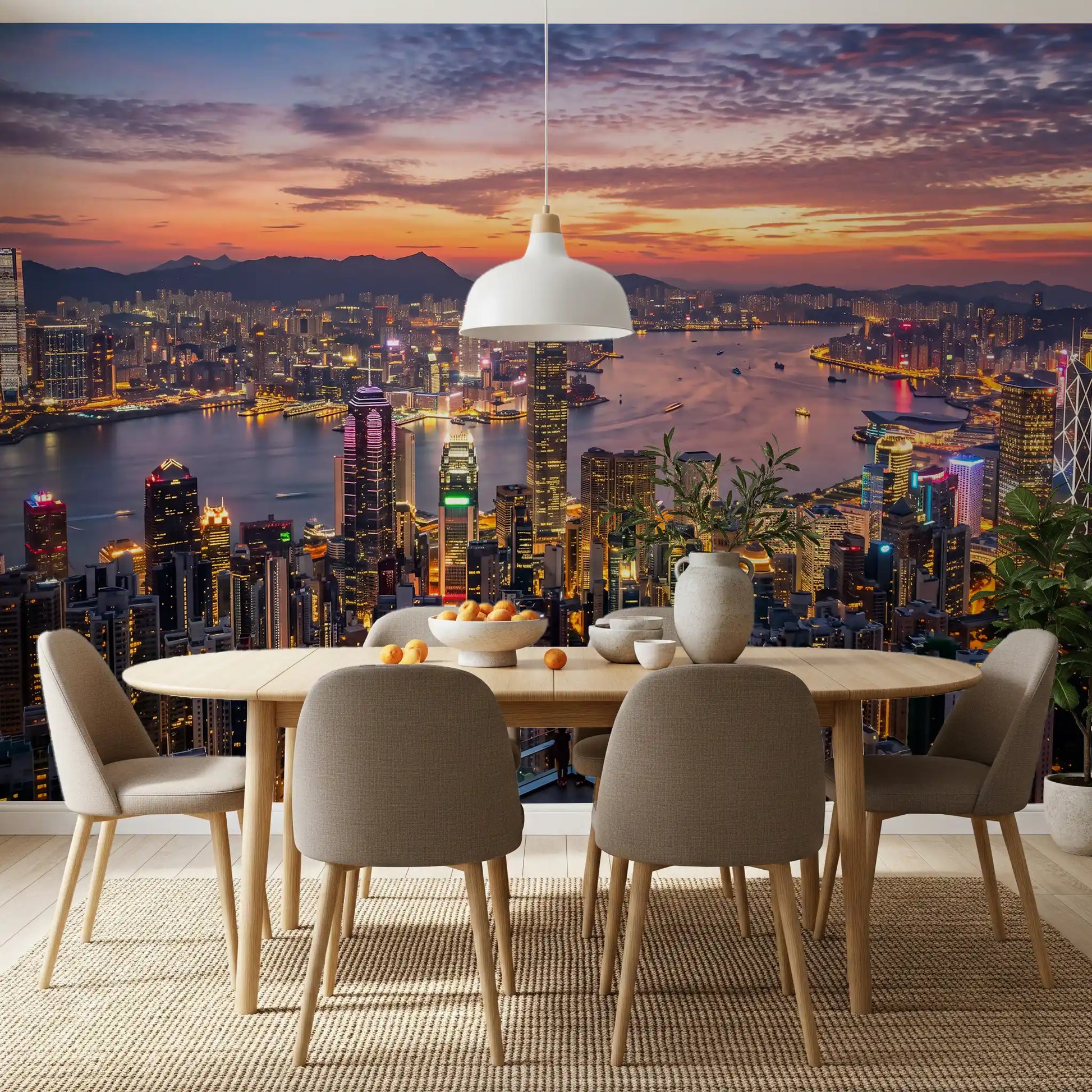 A spacious dining room features an illuminated Twilight wall mural cityscape.