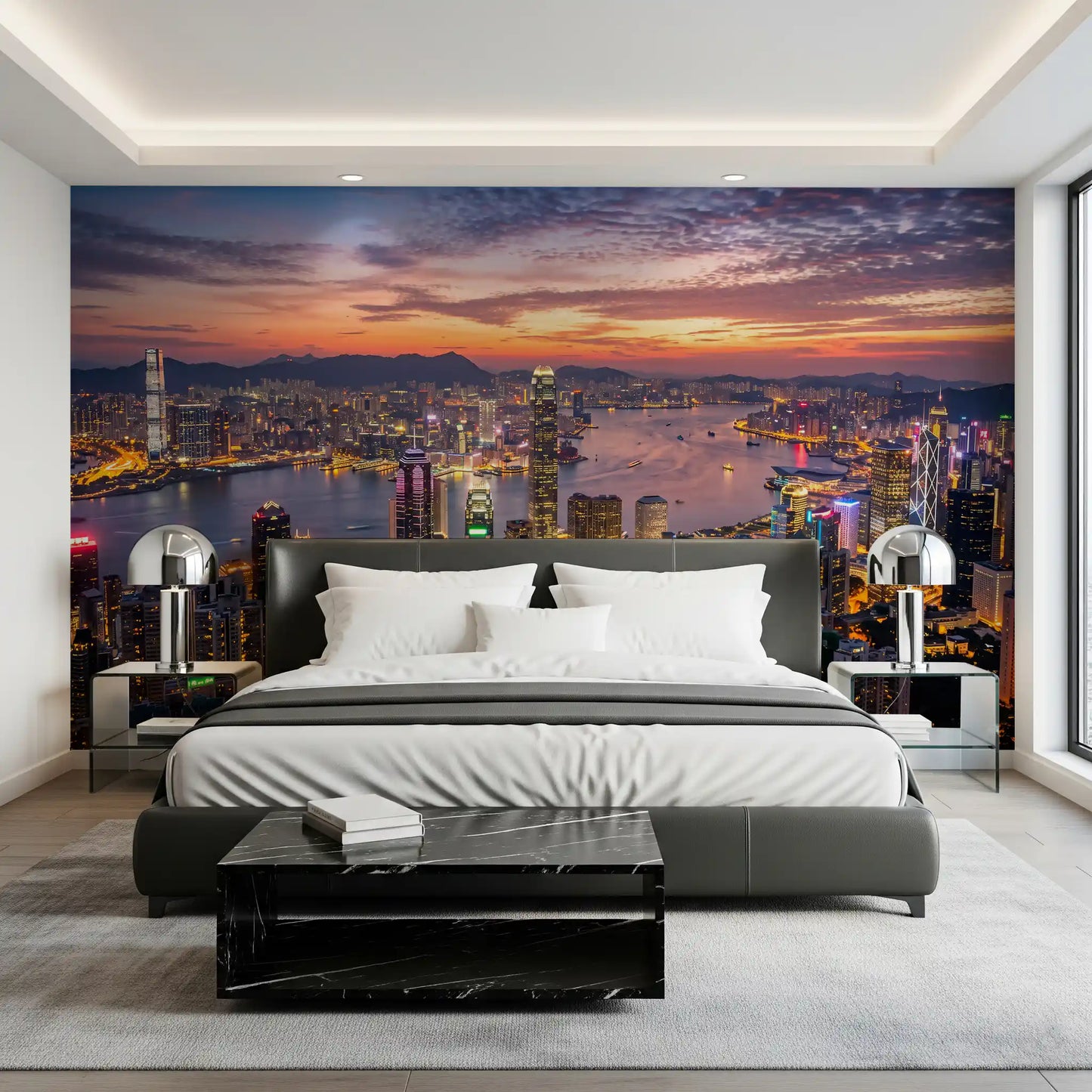Bright city lights from this Victoria wall mural illuminate the quiet bedroom.