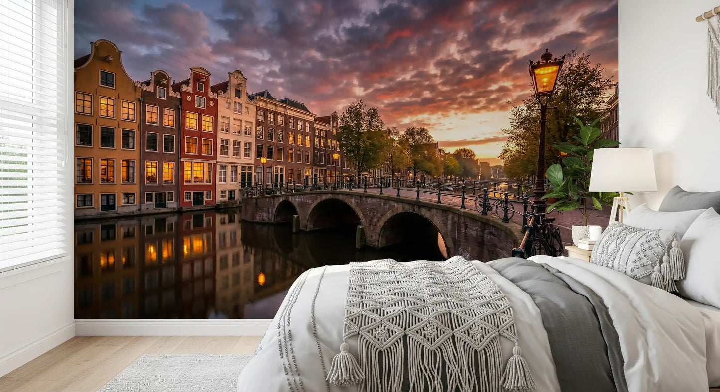 A traditional bicycle leans against the railing found in the detailed Canal wall mural.