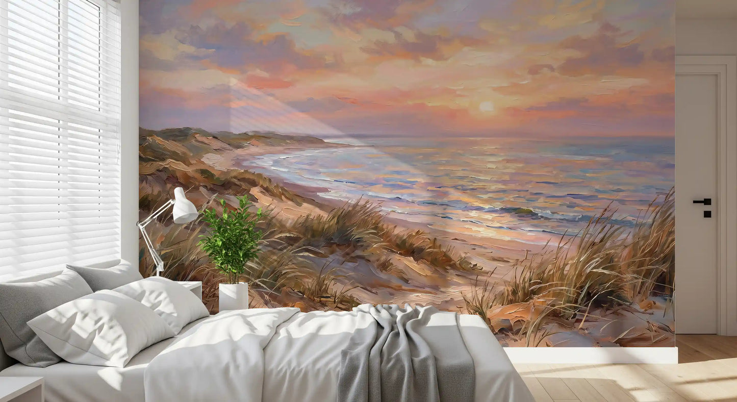 Coastal landscapes stretch across the Golden wall mural behind this Bedroom