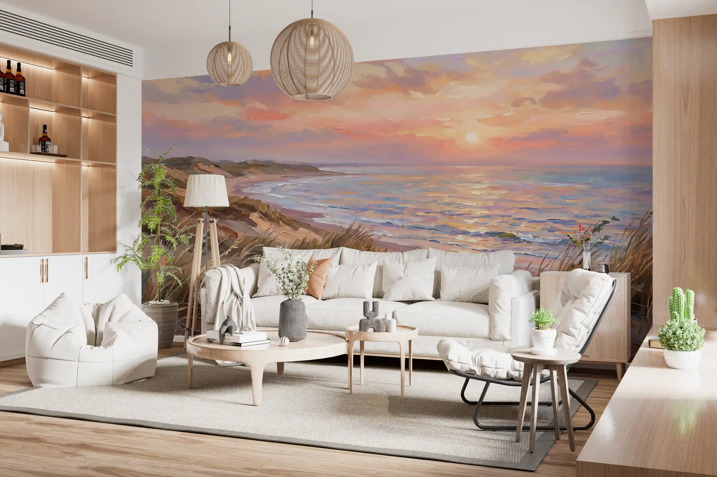 Gentle lighting highlights the vivid Dune wall mural inside the living room