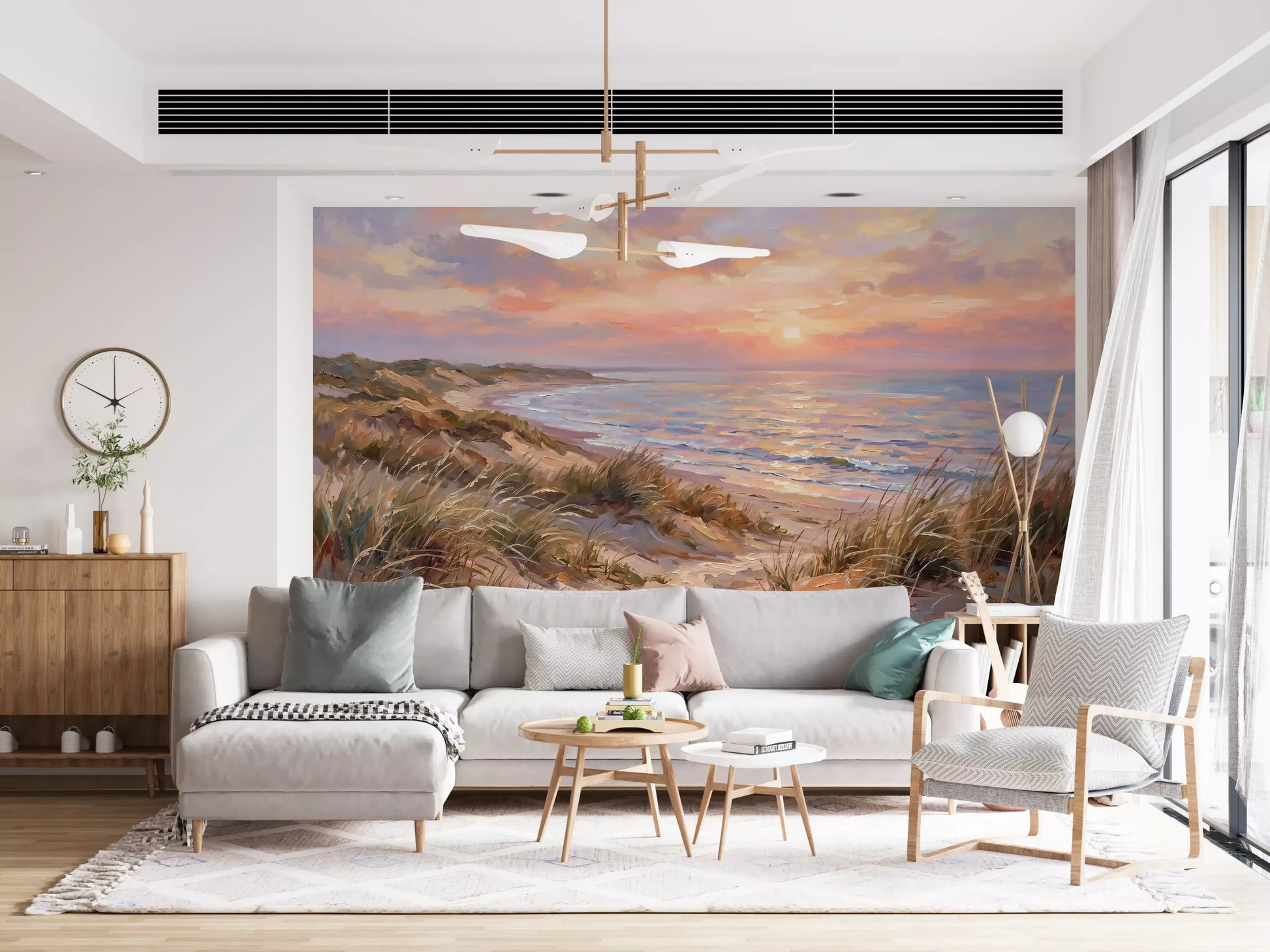 Natural timber Living room complement the detailed Dune wall mural