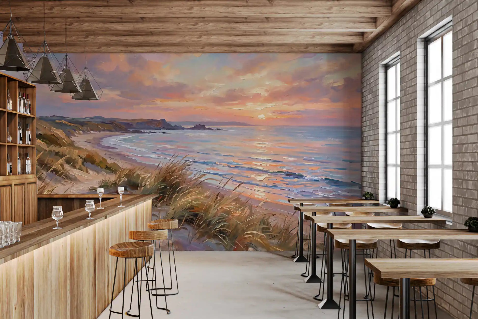 Relaxing beach scenery from the Coastal wall mural completes the stylish Café dining space.