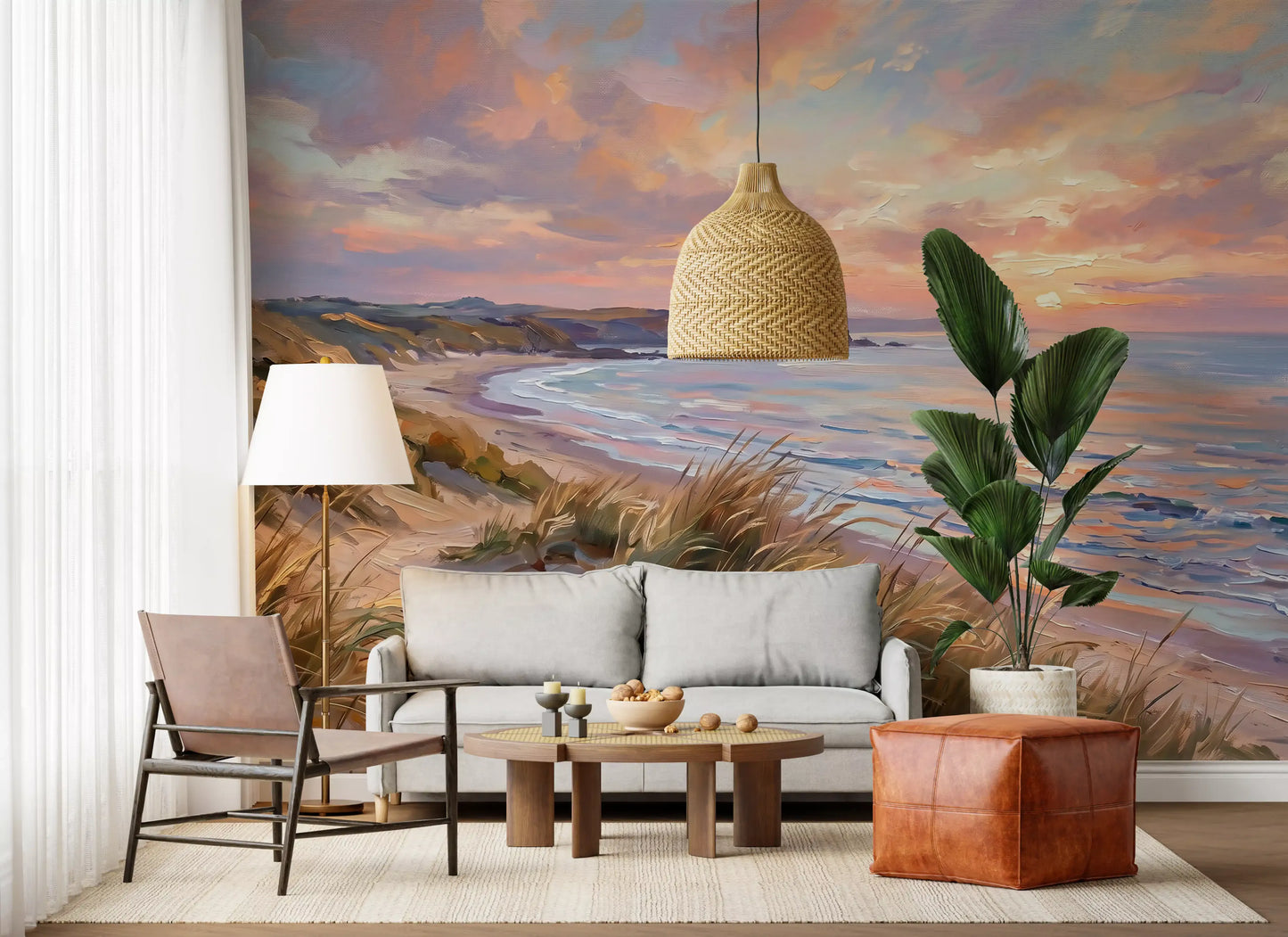 Warm sunset colours of the Golden Hour Coastal Escape Wall Mural fill the Living room.