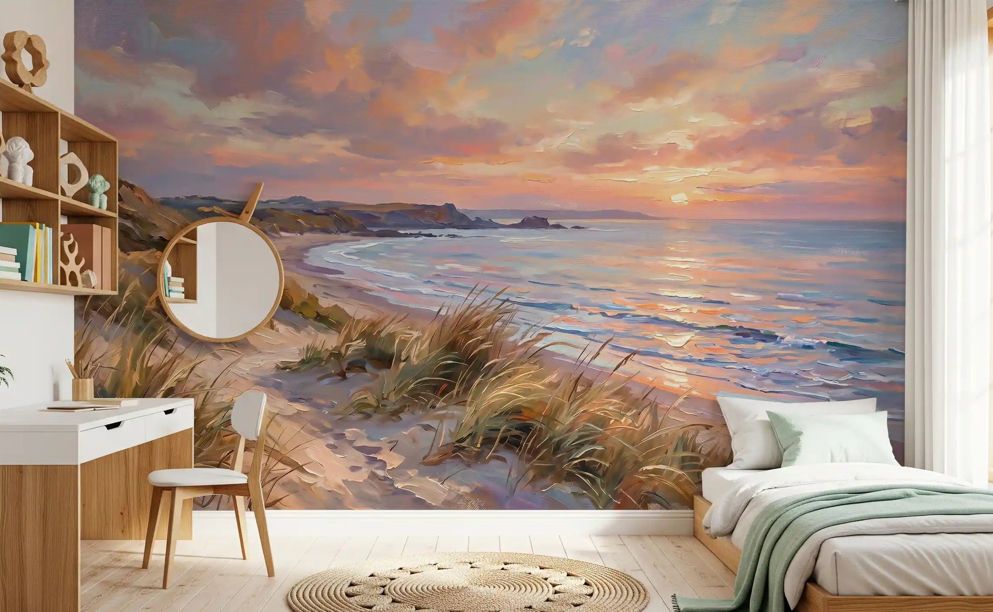 A child's bedroom features the bright Golden Hour Coastal Escape Wall Mural.