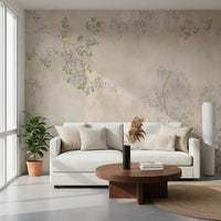 Soft purple blooms this peaceful Living room using the Cream wall mural.