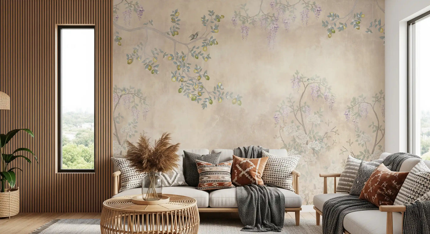 The Wisteria & Lemon Blossom Serenity Cream wall mural features drooping purple flowers.