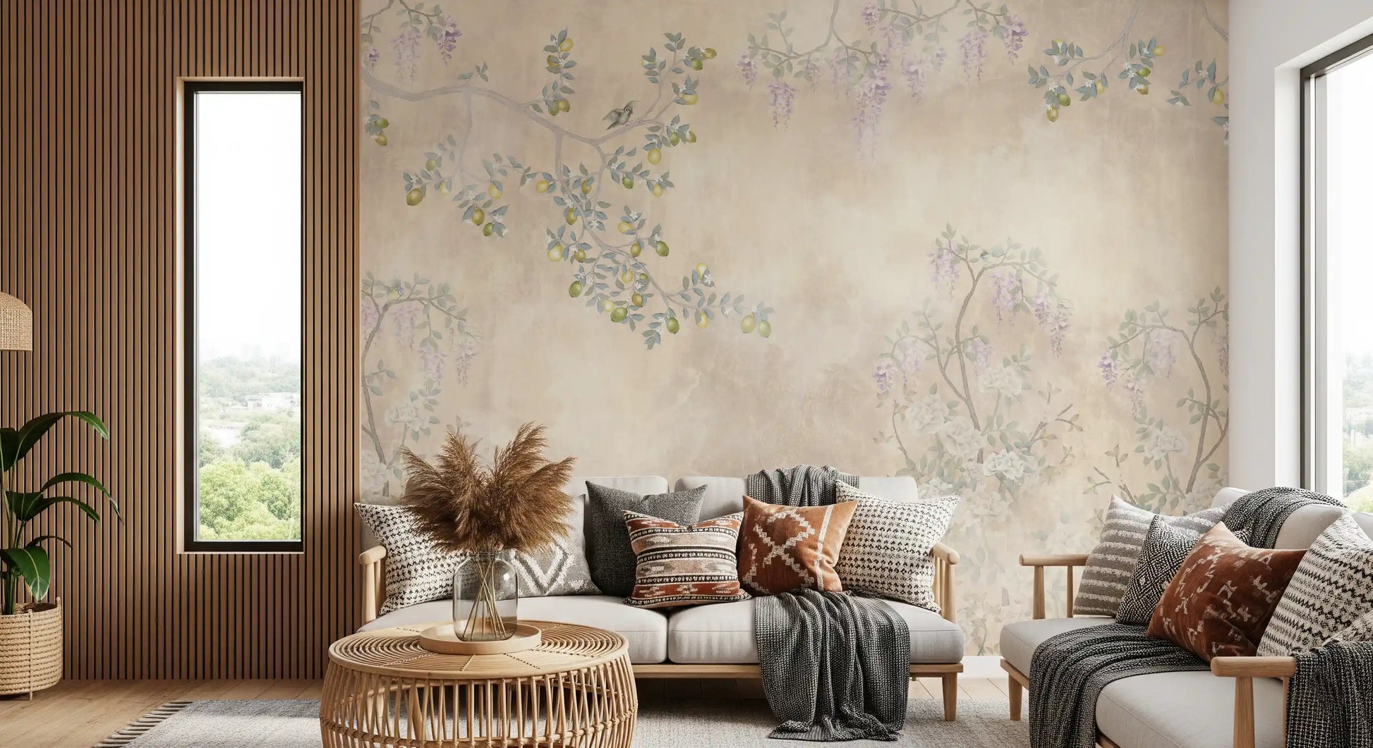 The Wisteria & Lemon Blossom Serenity Cream wall mural features drooping purple flowers.