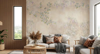 The Wisteria & Lemon Blossom Serenity Cream wall mural features drooping purple flowers.