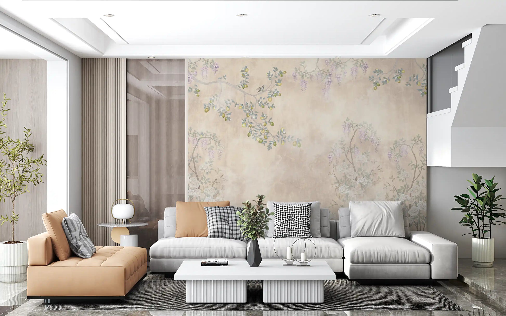 The lounge setting displays our Wisteria & Lemon Blossom Serenity Cream wall mural.