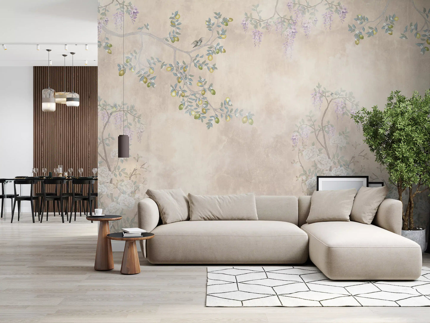 Classic Living spaces pair perfectly with the botanical Wisteria wall mural backdrop.