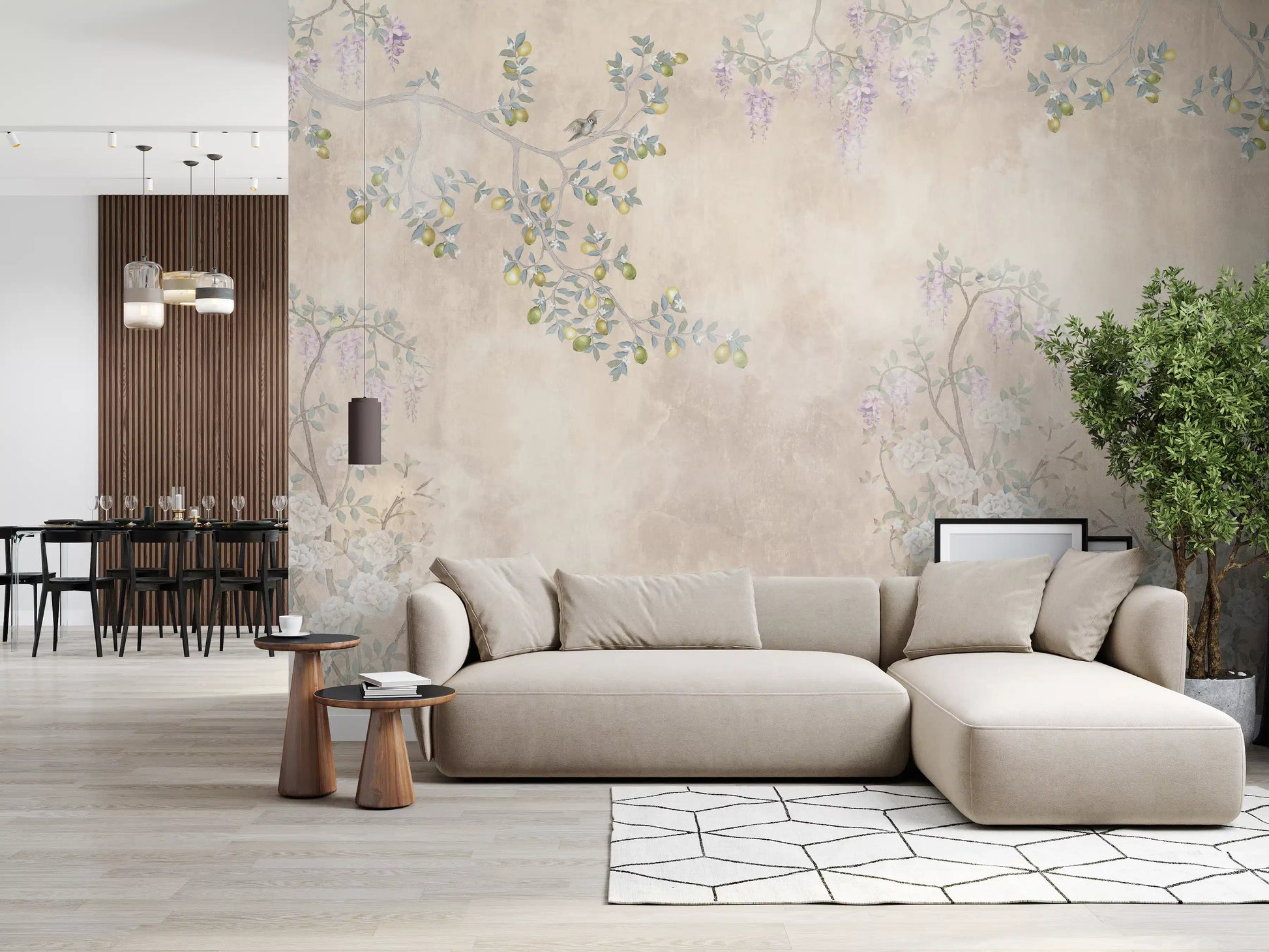 Classic Living spaces pair perfectly with the botanical Wisteria wall mural backdrop.