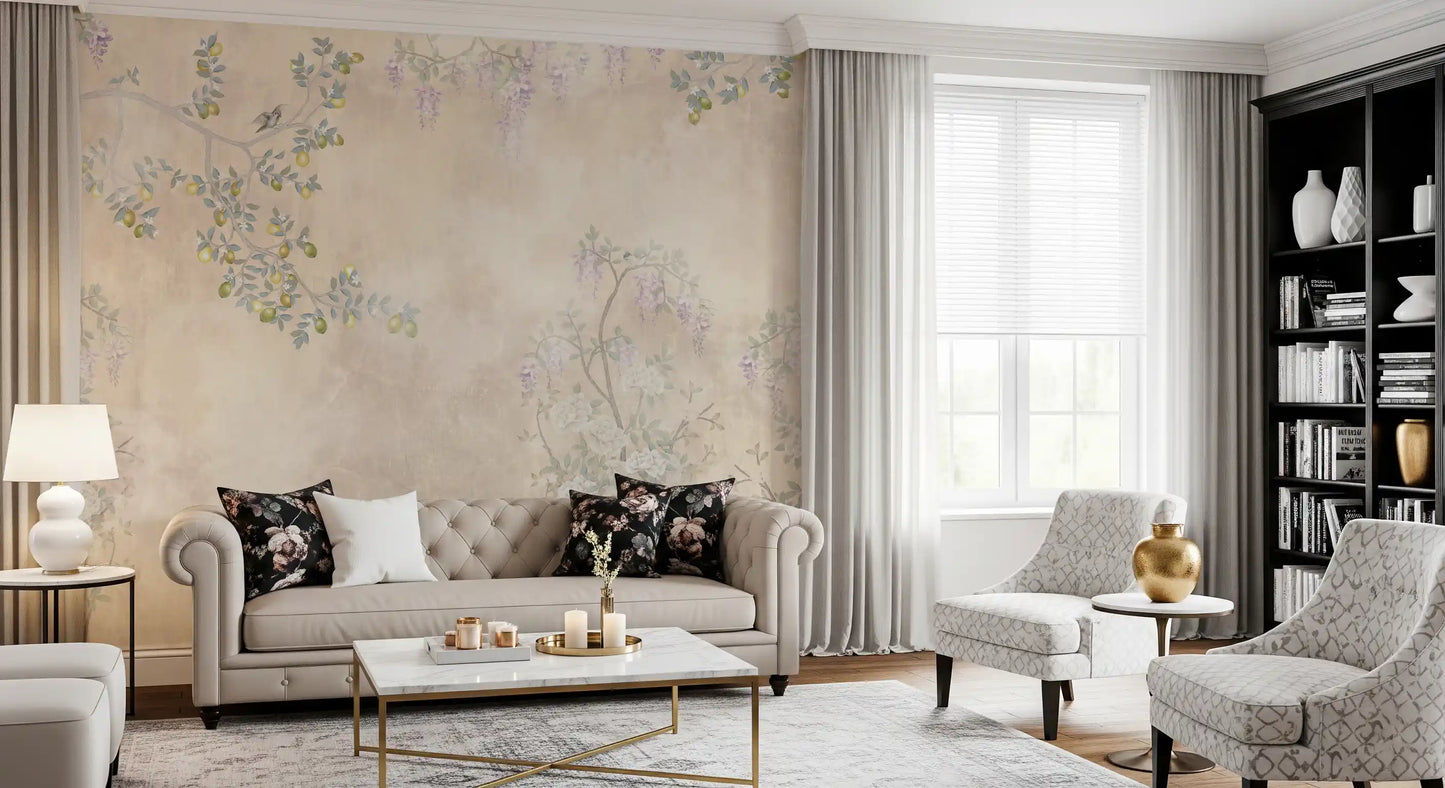 White roses gather along the bottom of this textured Serenity wall mural surface.