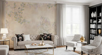 White roses gather along the bottom of this textured Serenity wall mural surface.