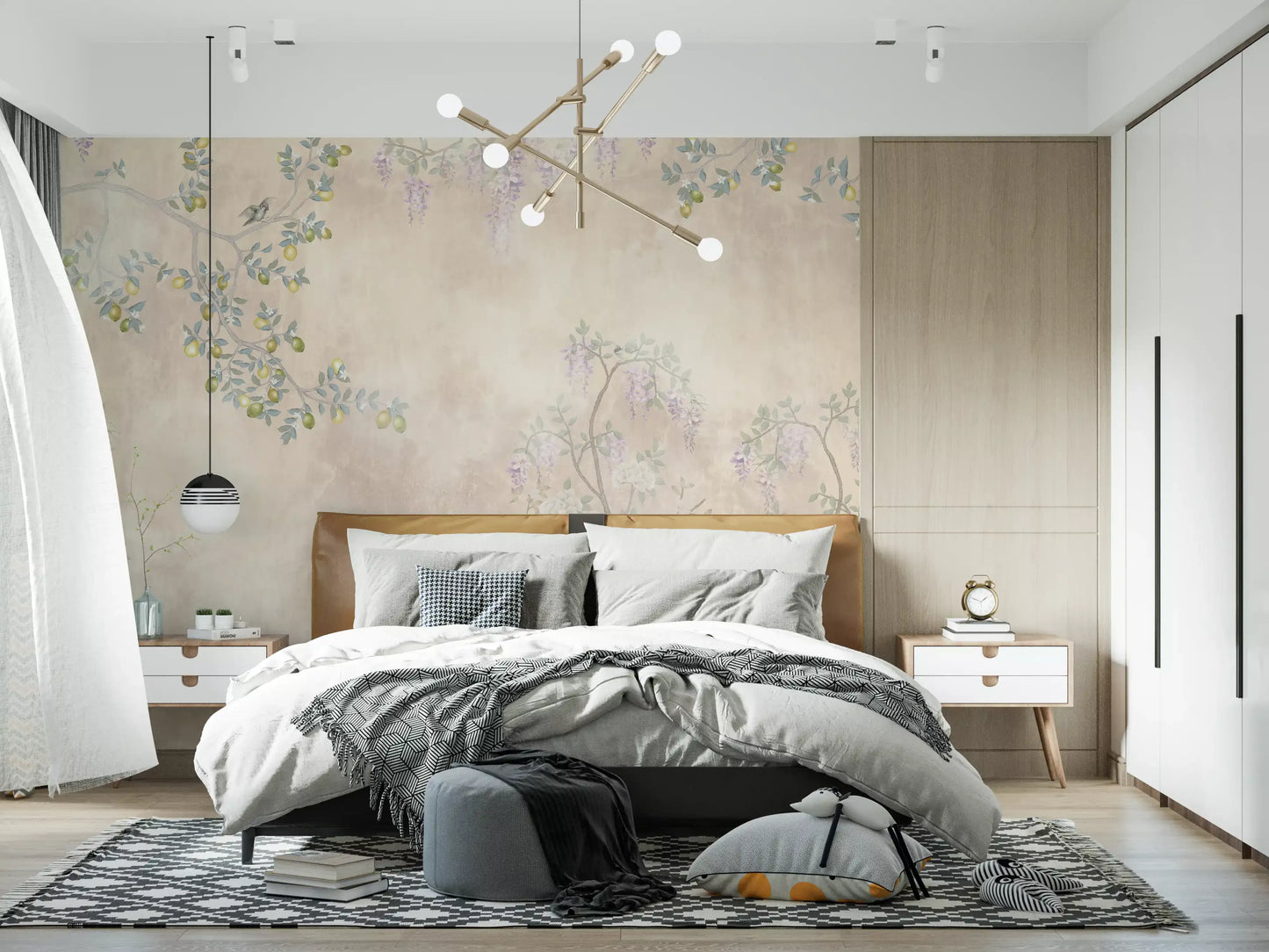 Green vines shape the Wisteria & Lemon Blossom Serenity Cream wall mural flawlessly.