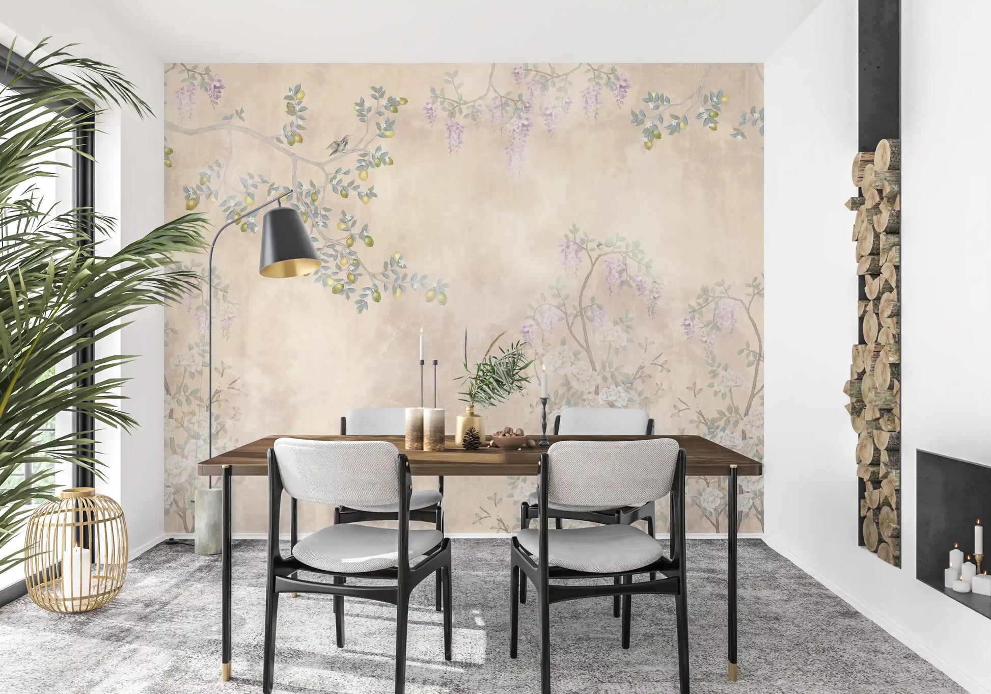 A modern dining room layout features the delicate Serenity wall mural foliage overhead.