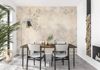 A modern dining room layout features the delicate Serenity wall mural foliage overhead.