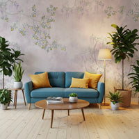 Green leaves fall elegantly over the Wisteria & Lemon Blossom Serenity Pink Wall Mural.