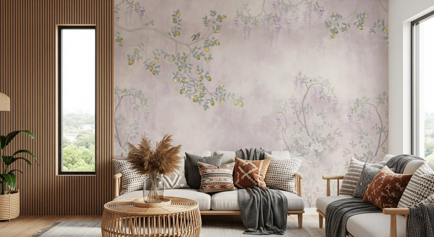 Textured blush canvases highlight climbing vines within this beautiful Pink wall mural.