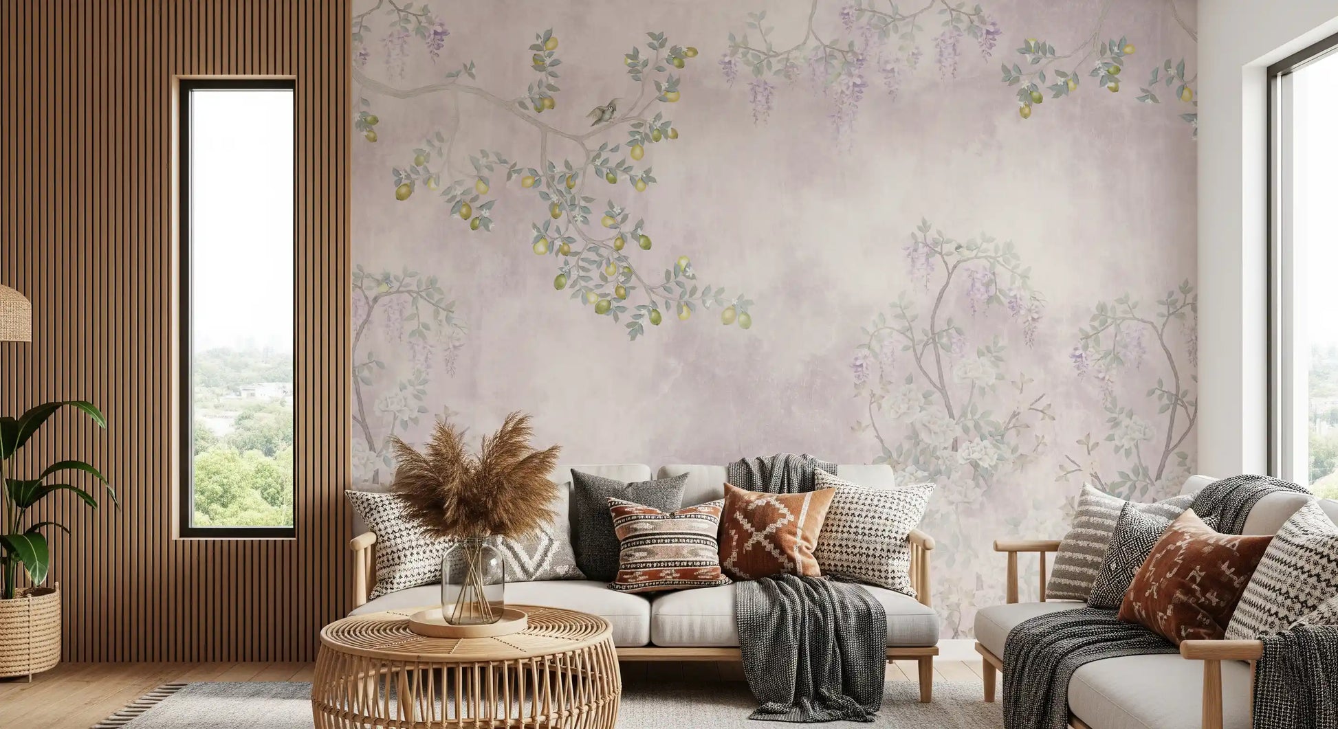 Textured blush canvases highlight climbing vines within this beautiful Pink wall mural.