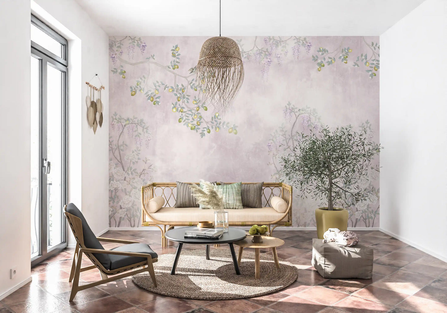 The delicate Wisteria & Lemon Blossom Serenity Pink Wall Mural features white rose bushes.