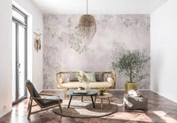 The delicate Wisteria & Lemon Blossom Serenity Pink Wall Mural features white rose bushes.