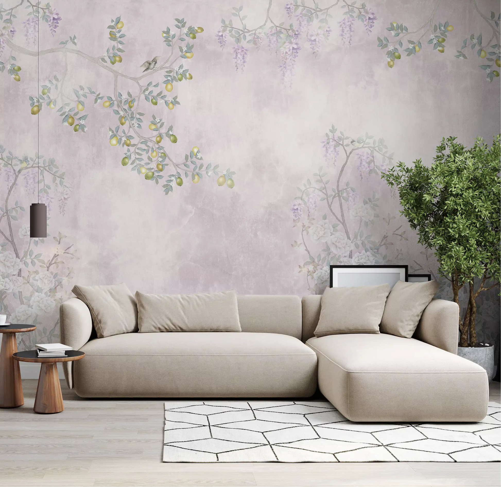 Pastel flowers adorn the Wisteria & Lemon Blossom Serenity Pink Wall Mural in this lounge.