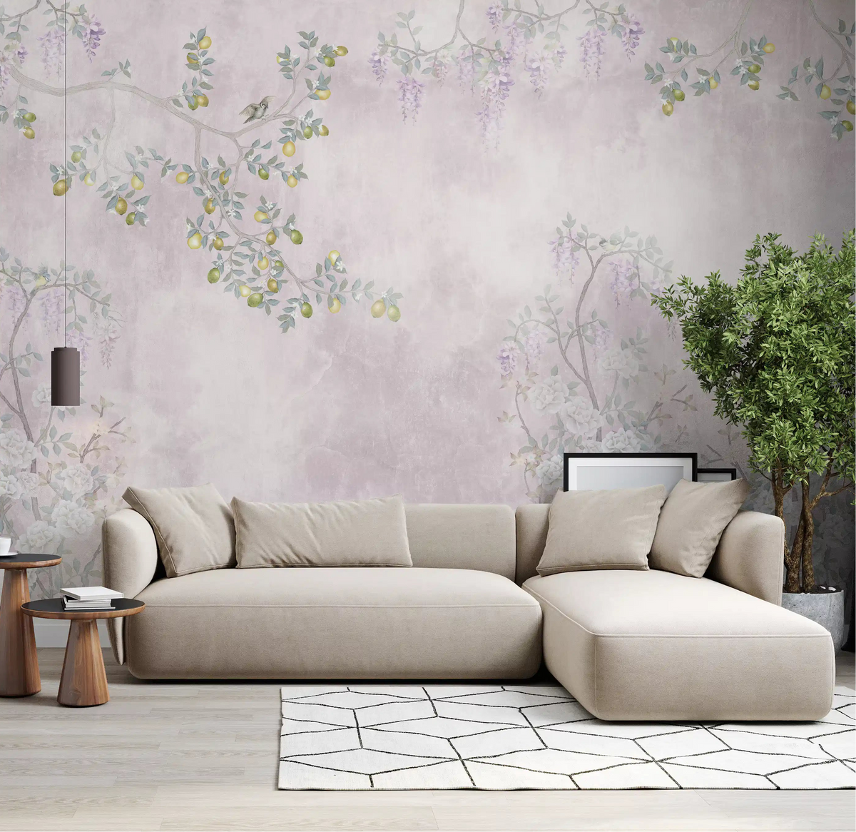 Pastel flowers adorn the Wisteria & Lemon Blossom Serenity Pink Wall Mural in this lounge.