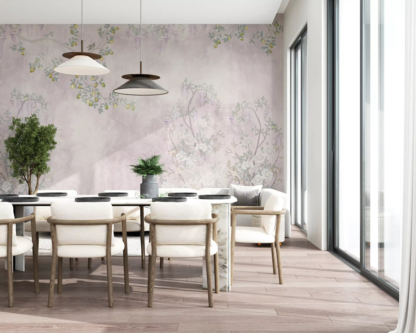 The detailed Serenity wall mural provides an elegant background for a cozy Dining space.