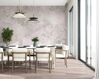 The detailed Serenity wall mural provides an elegant background for a cozy Dining space.